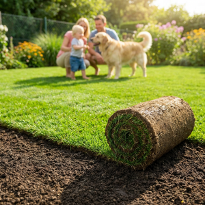 Rasenrolle im Garten vor Familie mit Golden Retriever