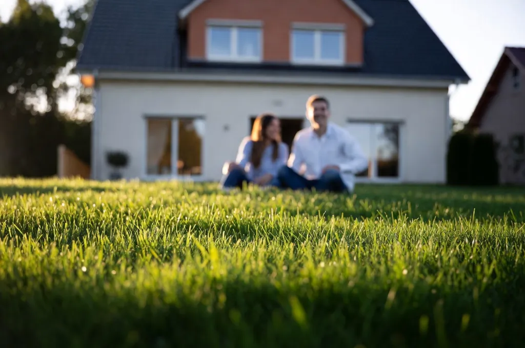 Glückliches Familie sitzt auf ihrem Rollrasen in Engelskirchen