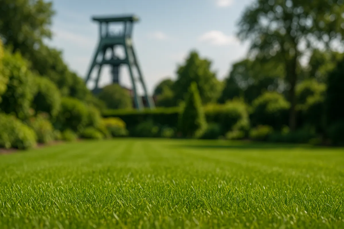 Frisch verlegter Rollrasen mit Deutsches Bergbau-Museum Bochum im Hintergrund – EuBo-Rollrasen liefert in Bochum & Herne