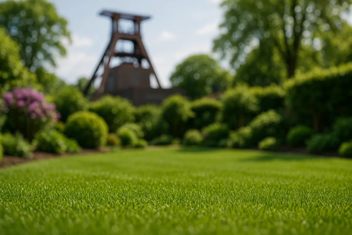 Frisch verlegter Rollrasen mit Zeche Zollverein im Hintergrund – EuBo-Rollrasen liefert in Essen & Mülheim