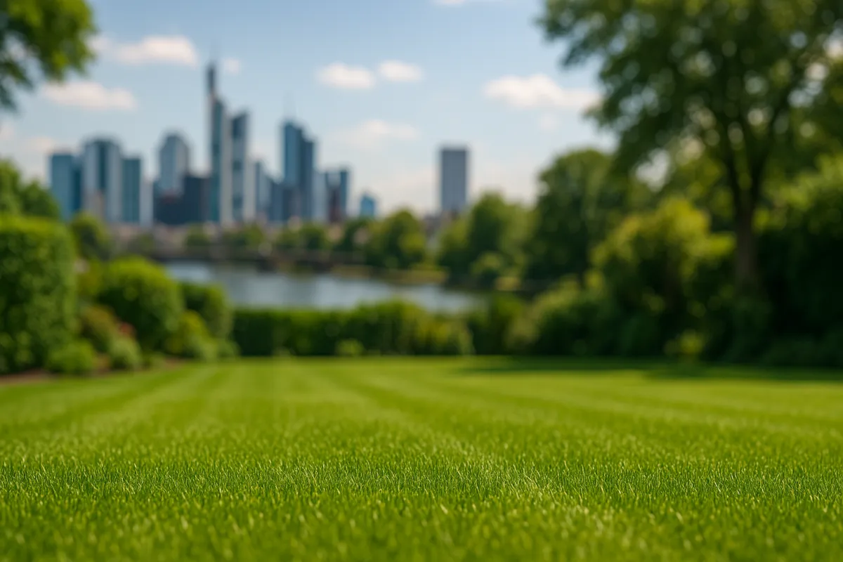 Frisch verlegter Rollrasen mit Frankfurter Skyline im Hintergrund – EuBo-Rollrasen liefert in Frankfurt & Rhein-Main