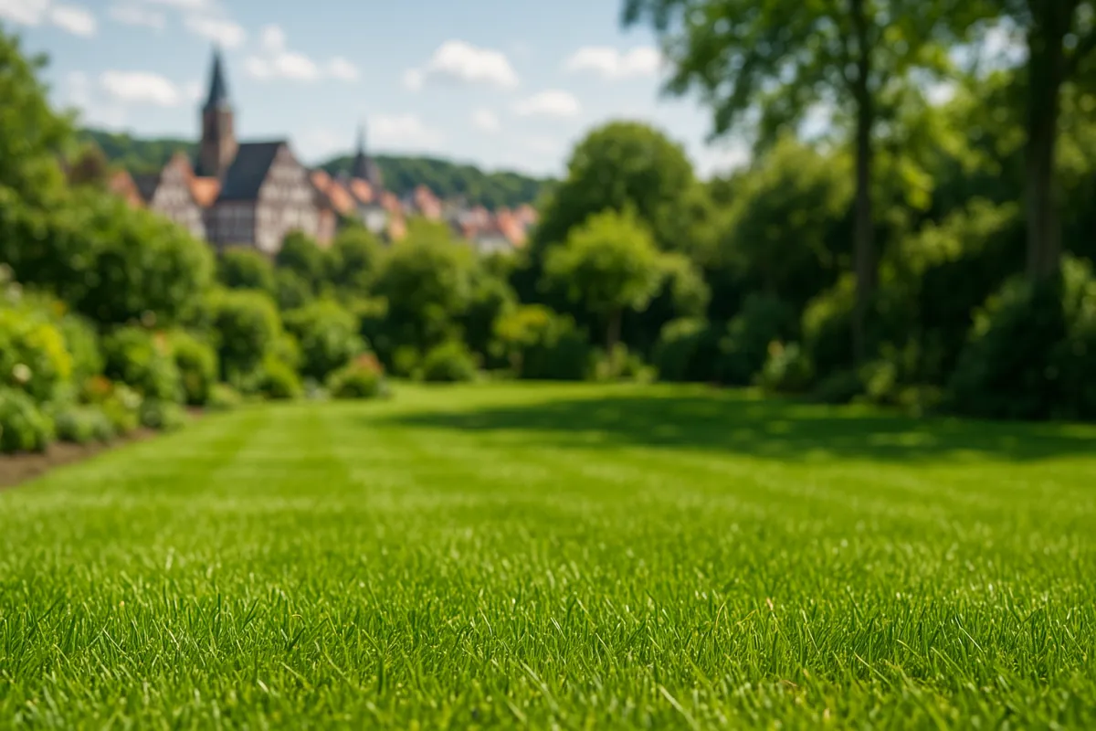 Frisch verlegter Rollrasen mit unscharfer Fachwerk-Altstadt im Hintergrund – EuBo-Rollrasen liefert in Gießen & Lahn-Dill