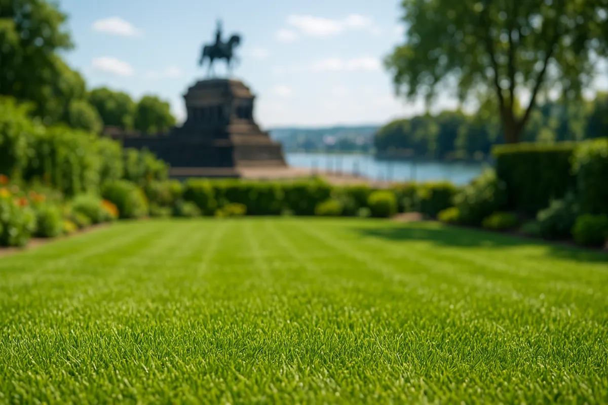 Frisch verlegter Rollrasen mit Deutsches Eck Koblenz im Hintergrund – EuBo-Rollrasen liefert in Koblenz & Mittelrhein