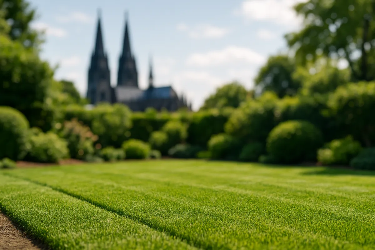 Frisch verlegter Rollrasen mit dem Kölner Dom im Hintergrund – EuBo-Rollrasen liefert in Köln & Rheinland
