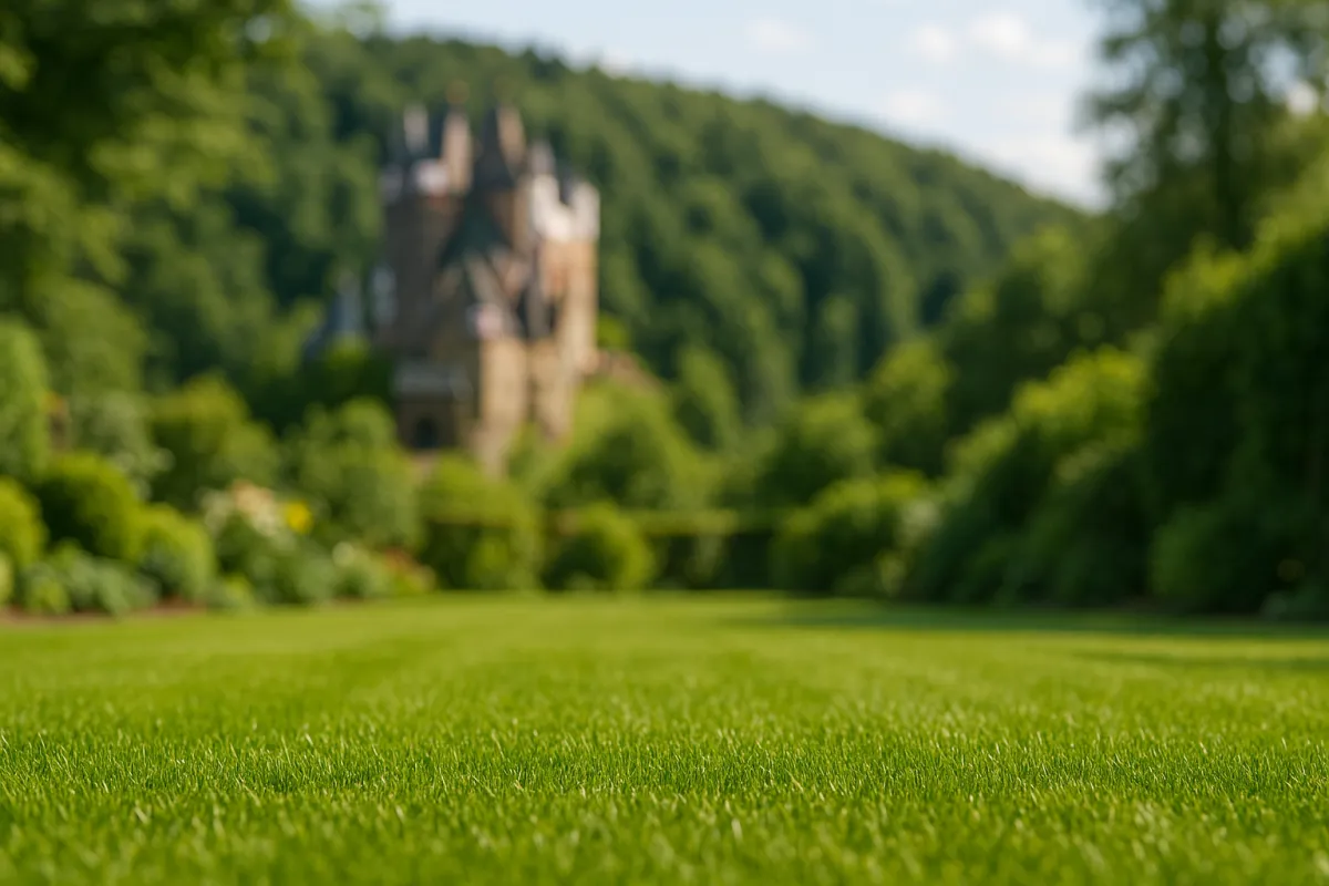 Frisch verlegter Rollrasen mit Burg Eltz im Hintergrund – EuBo-Rollrasen liefert in Mosel, Maifeld & Vulkaneifel