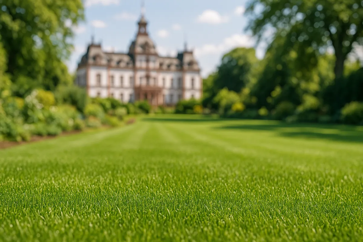 Frisch verlegter Rollrasen mit Schloss Philippsruhe Hanau im Hintergrund – EuBo-Rollrasen liefert in Offenbach & Hanau