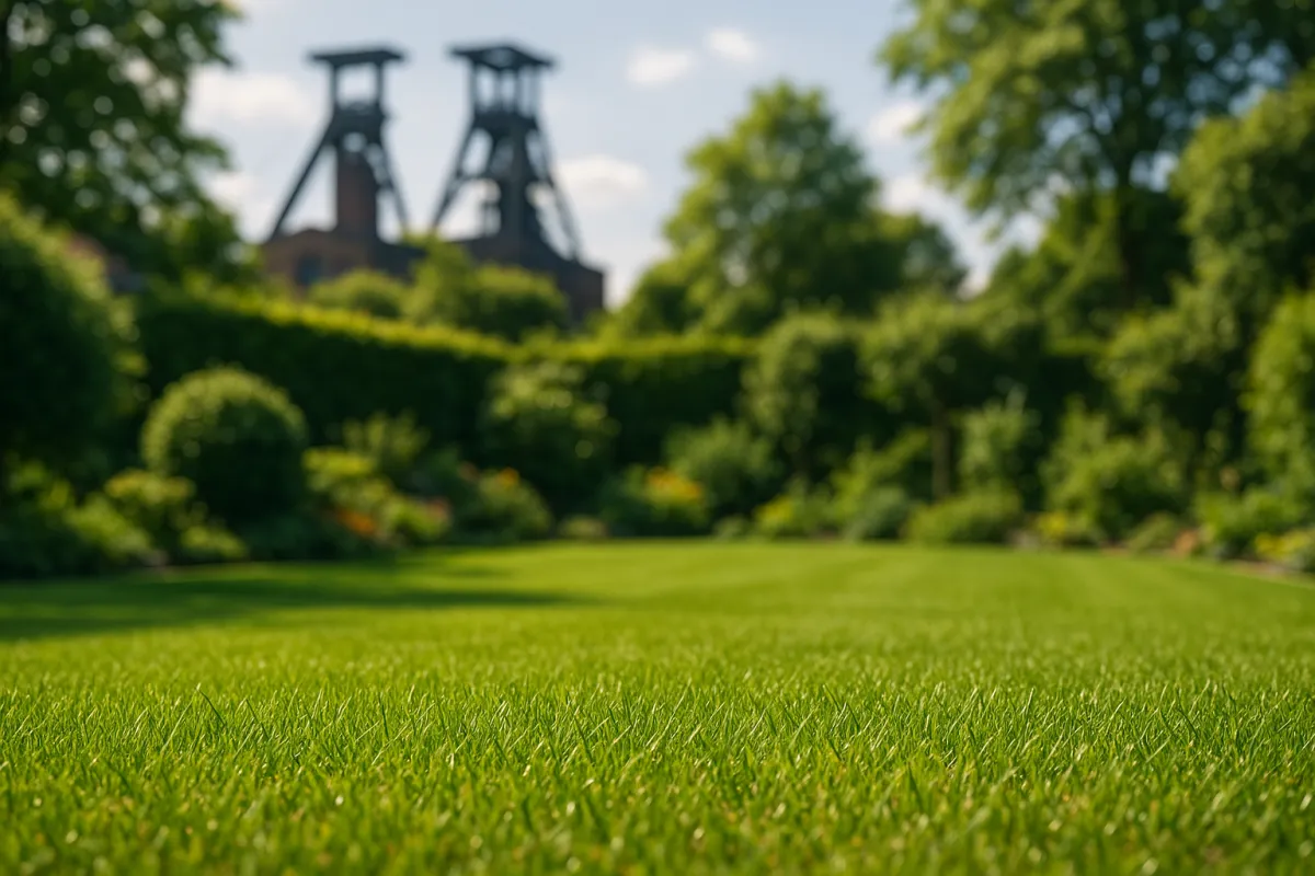 Frisch verlegter Rollrasen mit unscharfen Zechen-Fördertürmen im Ruhrgebiet im Hintergrund – EuBo-Rollrasen liefert in Recklinghausen & Vest